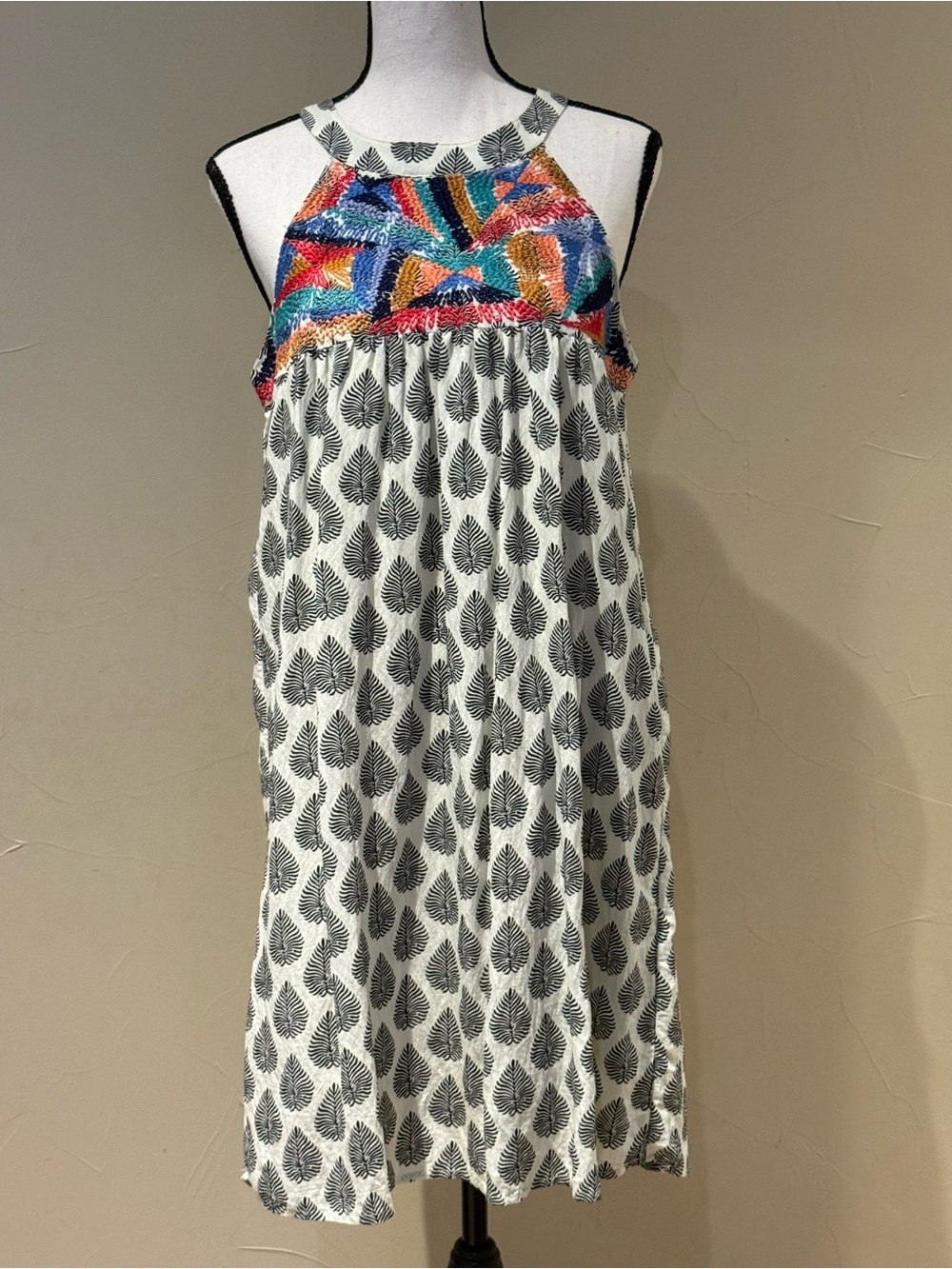 THML Leaf-Print Halter Dress with Colorful Embroidery